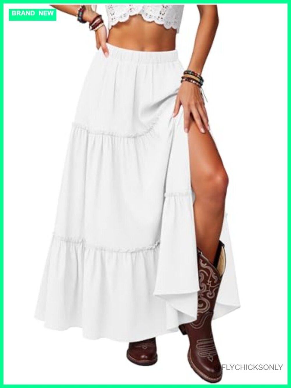 Women's Tiered Maxi Skirt Side Slit Pleated Ruffle Flowy A-Line with Pockets